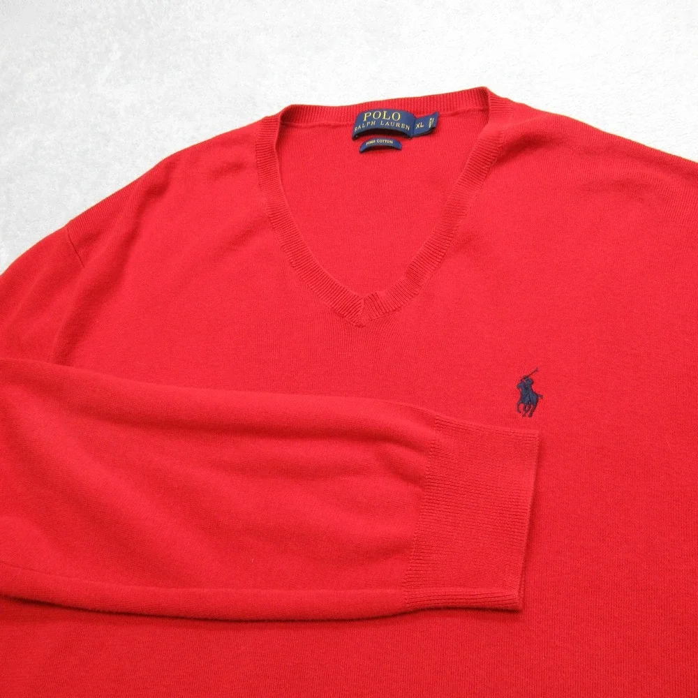 Polo Ralph Lauren Sweater Mens XL Red‎ Pima Cotton V-Neck Pullover Knit Golf
